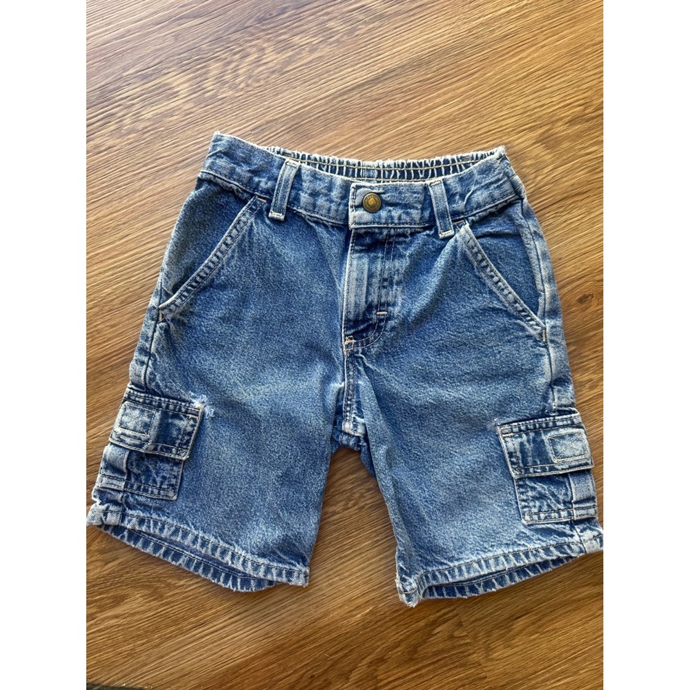 Vintage Wrangler Hero Kids Denim Cargo Shorts Blue 90s Elastic Waist Medium Wash